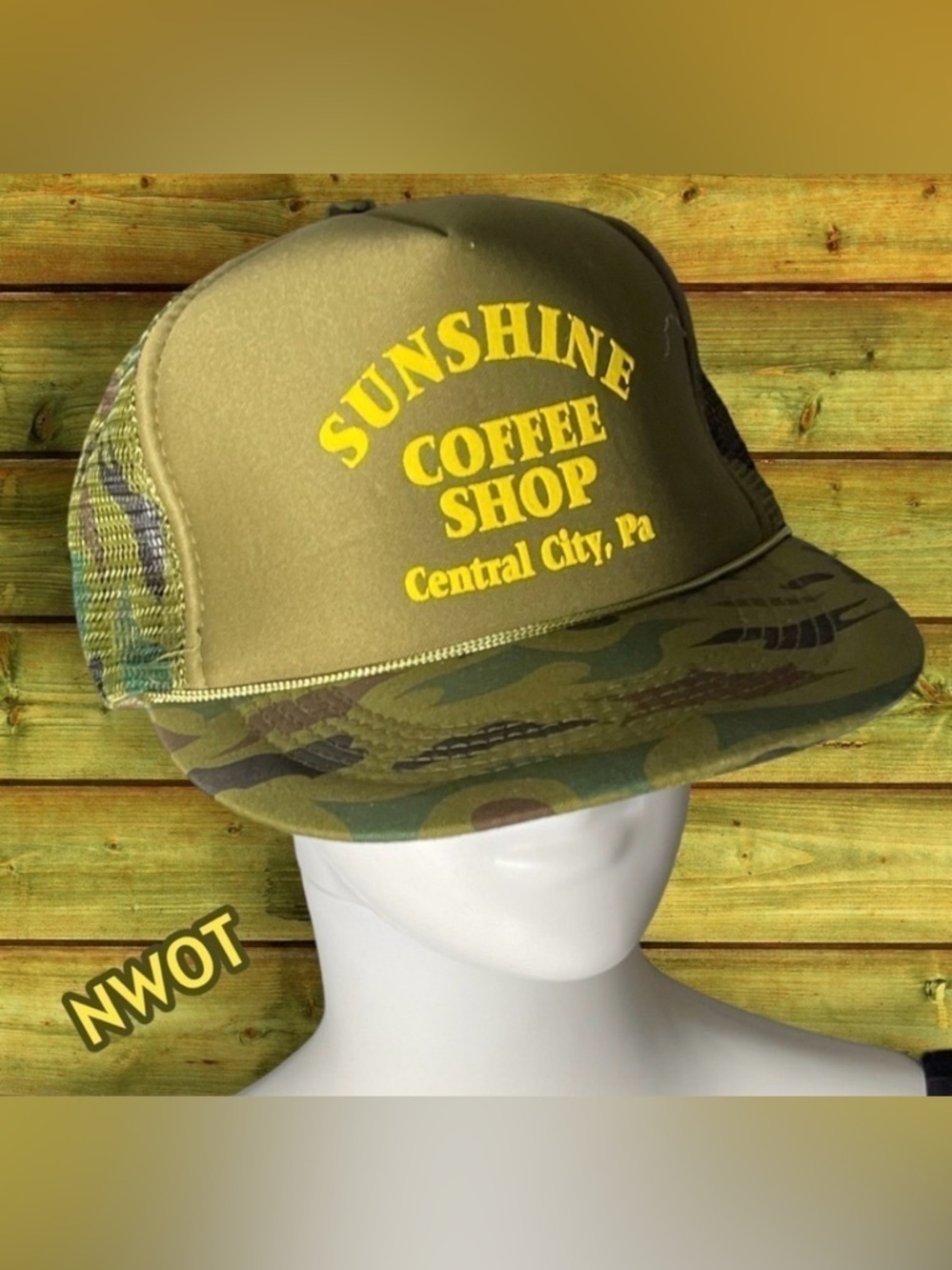 NWOT Sunshine Coffee Shop Central PA Camouflage Trucker Cap Green Yellow